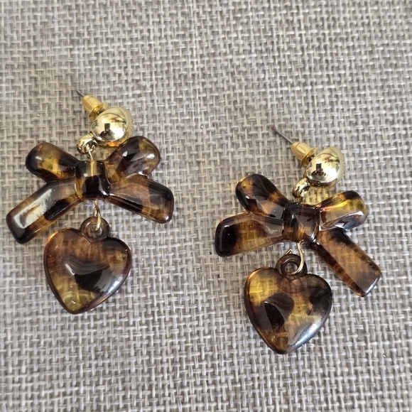 Leopard Cheetah Animal Print Bow Dangle Gold Bead Earrings - Picture 2 of 2